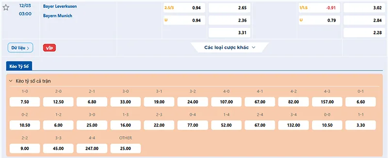 Thông tin tỷ lệ kèo Leverkusen vs Bayern Munich 03h00 ngày 12/3/2025
