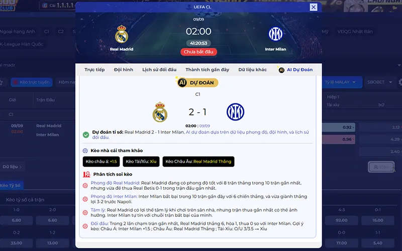 Dự đoán AI Real Madrid vs Inter Milan 02h00 ngày 09/9/2026